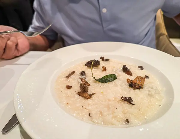 A creamy porcini mushroom risotto served elegantly on a white plate, garnished with sautéed mushrooms and a fresh herb leaf, photographed at The Haven restaurant on Norwegian Getaway.