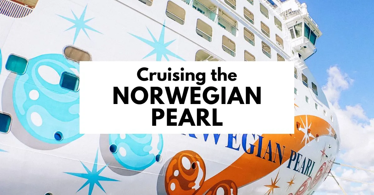 featured blog image features the Norwegian Pearl cruise ship prominently in the background, with the title "Cruising the Norwegian Pearl" overlaid in a bold font. The ship's unique hull art, showcasing playful swirls and starburst designs in shades of blue and orange, is clearly visible. 