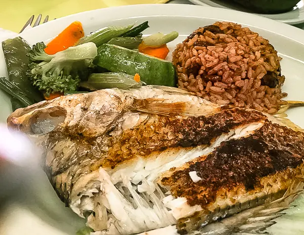 a plate of food served at the Happy Fish Restaurant in Livingston, Guatemala. The meal includes a grilled fish, rice, beans, and mixed vegetables.