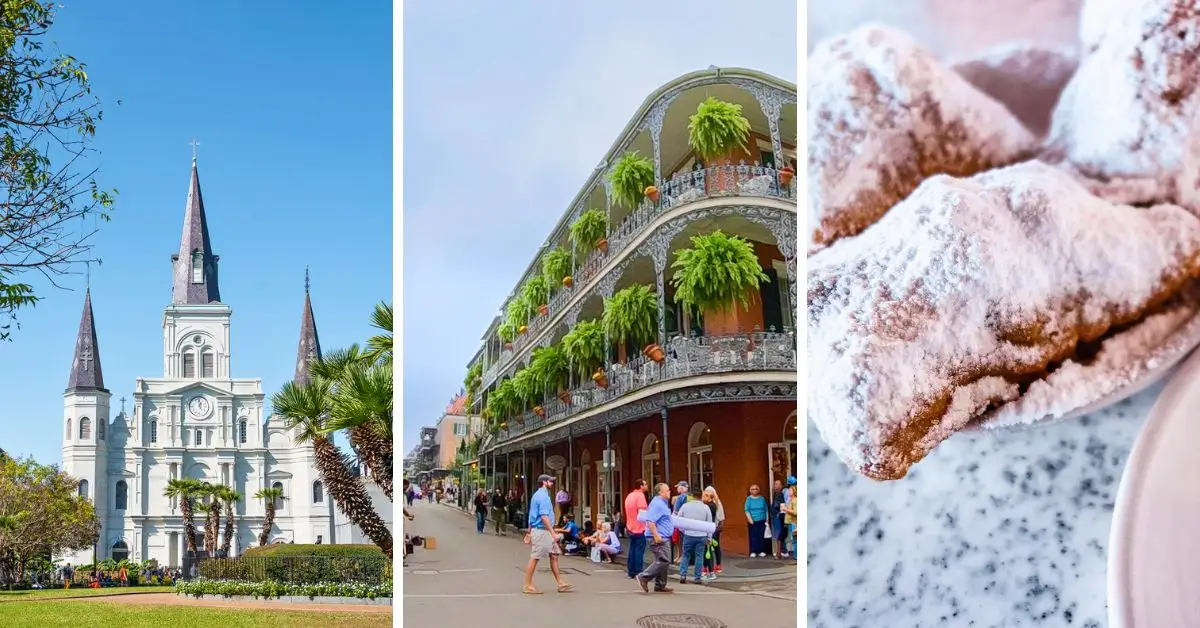 featured blog image showcases three key scenes for 3 days in New Orleans, representing a three-day trip. On the left, the famous St. Louis Cathedral stands prominently against a clear sky. The center features a classic balcony-adorned building, typical of the French Quarter architecture. On the right, there's a close-up of delicious-looking beignets dusted with powdered sugar, a must-try local treat.