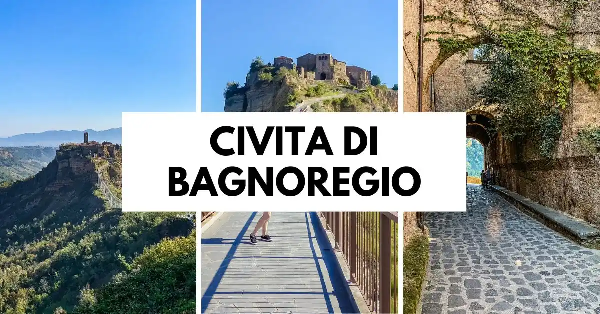 featured blog image of a Collage of three images showcasing Civita di Bagnoregio: a distant view of the hilltop village, a close-up of the village with stone buildings, and a cobblestone pathway leading through an archway.