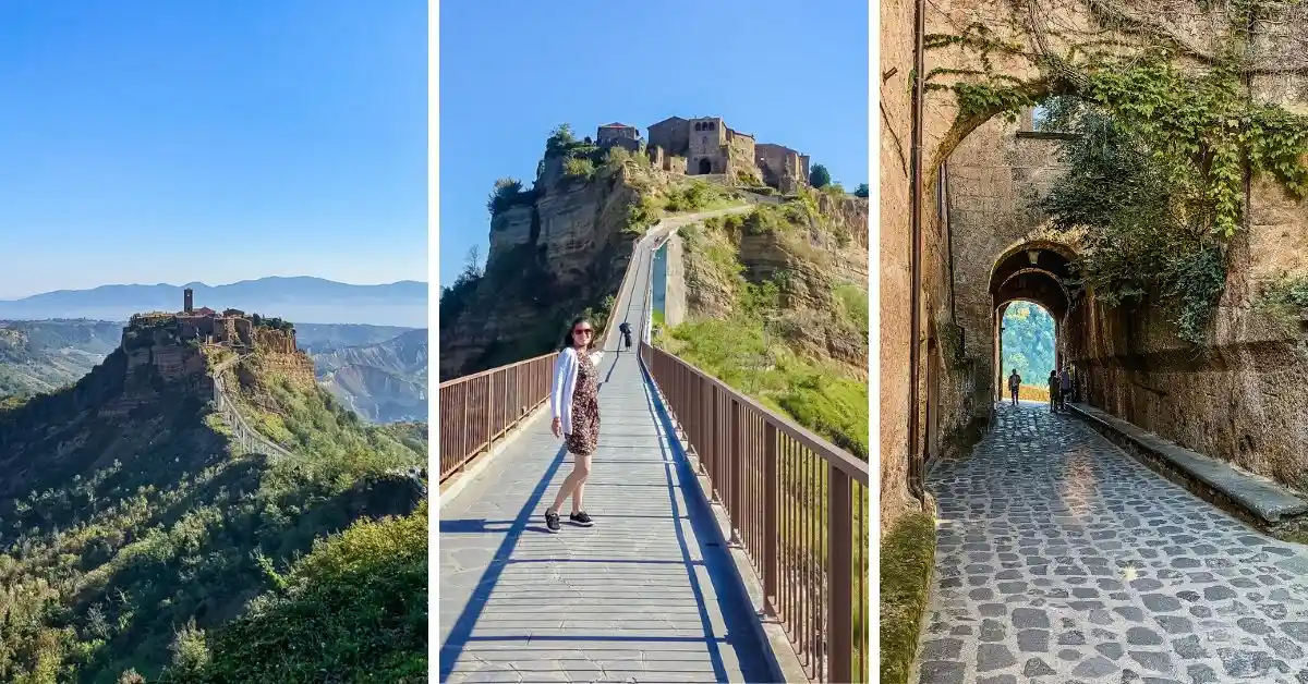 featured blog image without text of three images of Civita di Bagnoregio: the first shows a distant view of the hilltop village surrounded by valleys; the second depicts a woman walking on the long pedestrian bridge leading to the village; the third captures a cobblestone pathway under an archway with ivy-covered walls.