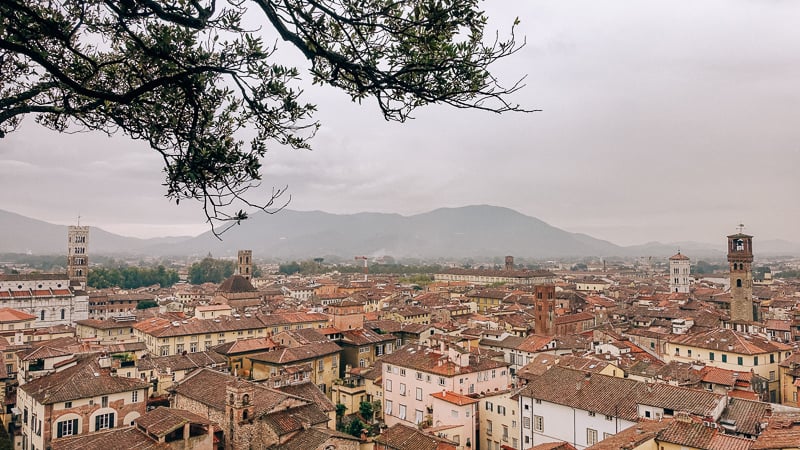 City view of Lucca, Italy from the top of Guinigi Tower