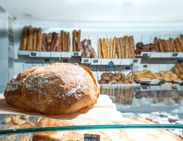 A rustic loaf of bread on display at a local bakery in Girona, Spain, with a variety of fresh baguettes and artisanal bread in the background.