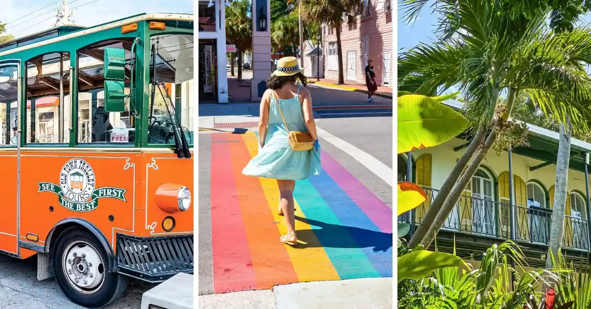 A collage featuring three vibrant scenes from Key West: an Old Town Trolley tour vehicle, a woman (kathy) walking across a colorful rainbow crosswalk on Duval Street, and the iconic Hemingway House surrounded by lush greenery, perfectly encapsulating a day in Key West.