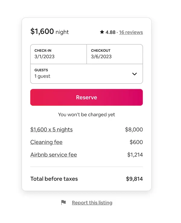 "Screenshot of an Airbnb booking summary showing a nightly rate of $1,600, a total cost of $9,814 before taxes, including a $600 cleaning fee and a $1,214 service fee.