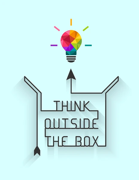 image depicts a stylized light bulb with a colorful mosaic design, positioned above an outlined box with the phrase "THINK OUTSIDE THE BOX" integrated into its shape