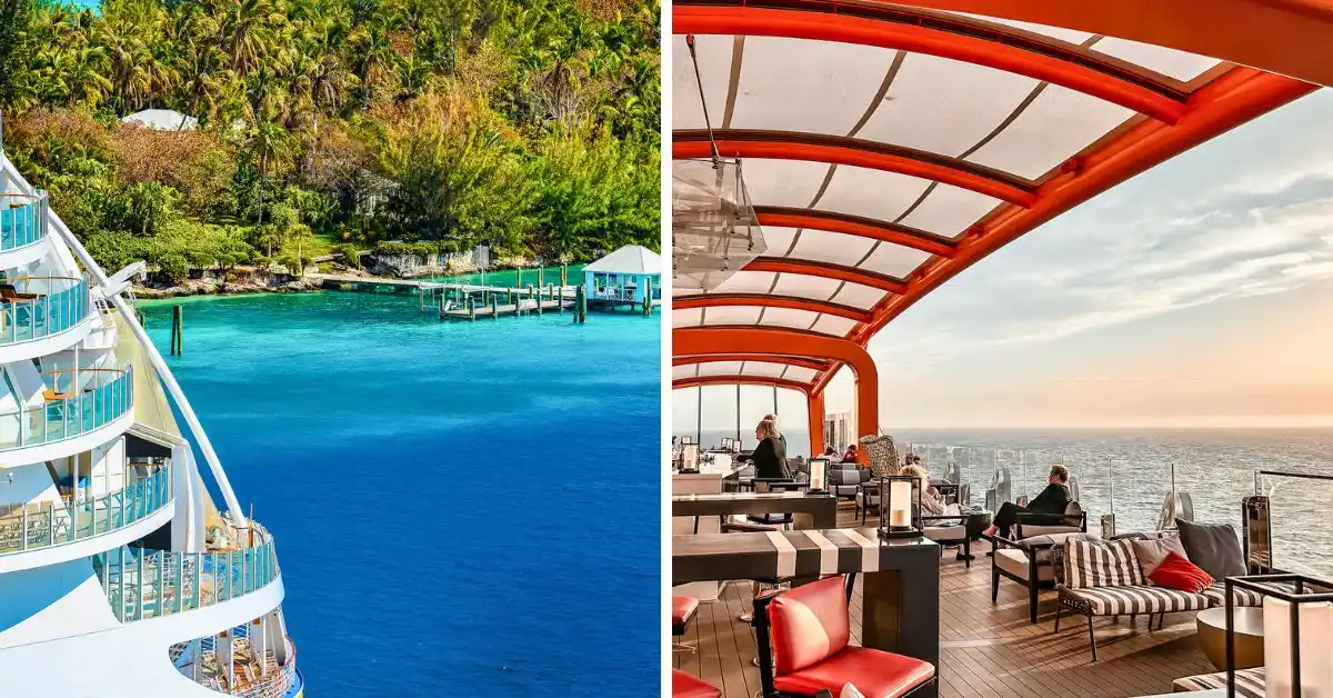 featured blog image shows two contrasting scenes of a cruise vacation. The left side depicts a cruise ship near a lush, tropical island with turquoise waters, while the right side shows a covered lounge area on the ship's deck with people relaxing and enjoying the ocean view at sunset. This visual contrast highlights the different atmospheres and experiences of a fall or winter cruise.