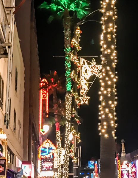 Palm trees wrapped in sparkling Christmas lights line Hollywood Boulevard at night, with festive stars and neon signs glowing in the background.