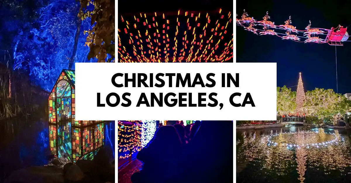 featured blog image | Collage of holiday lights and festive scenes in Los Angeles, including a lit stained-glass house, colorful light tunnels, Santa flying over The Grove, and a glowing Christmas tree by a fountain.