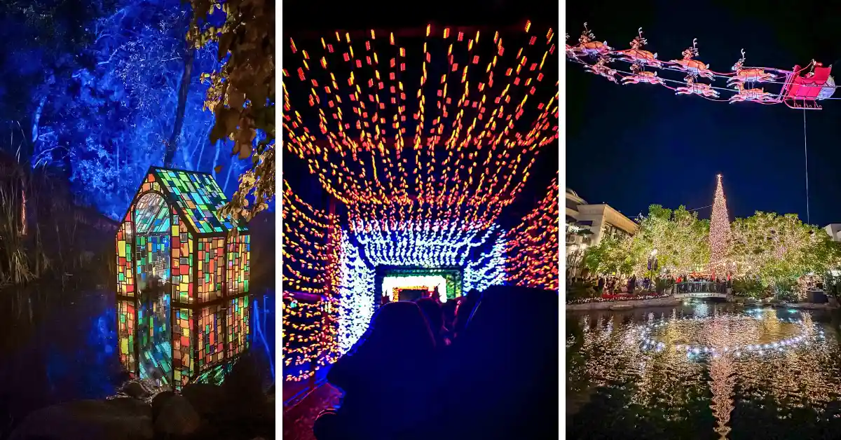 Festive scenes of Christmas in Los Angeles, featuring an illuminated stained-glass house, a colorful holiday light tunnel, and Santa flying over The Grove with a Christmas tree and fountain in the background.