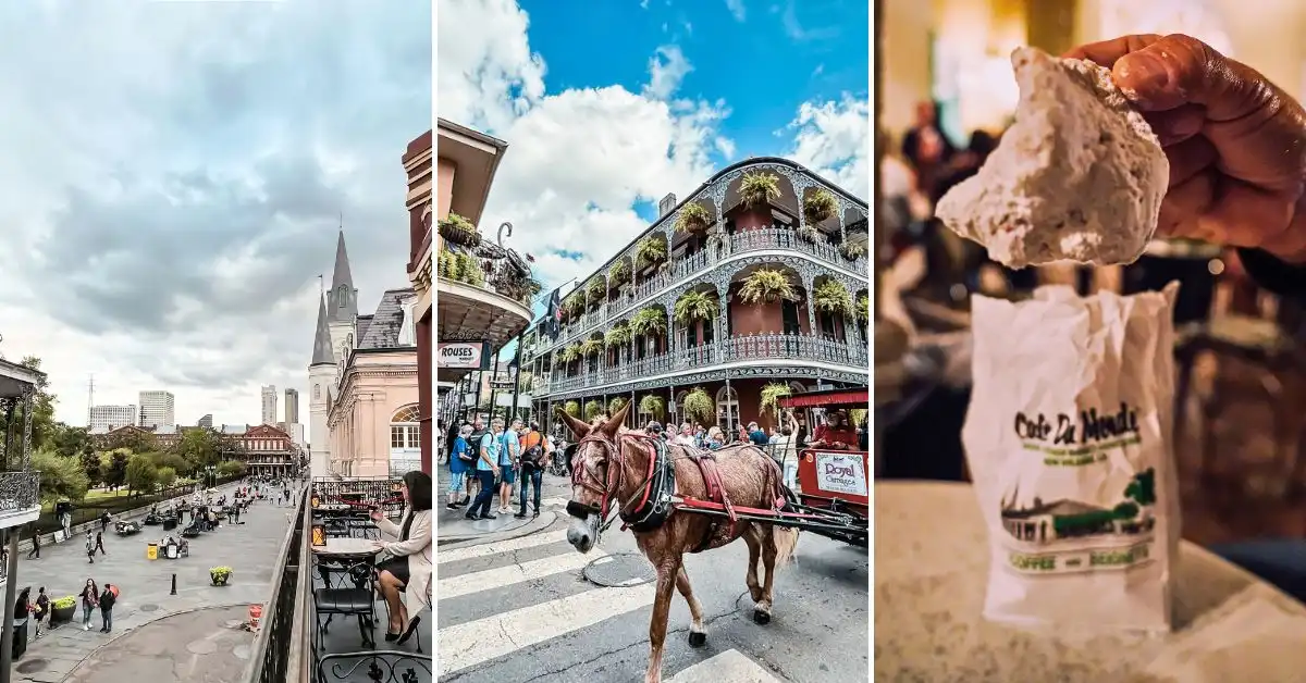 featured image: Things to do in the French Quarter of New Orleans: Jackson Square, a horse-drawn carriage on Royal Street, and beignets from Café du Monde.