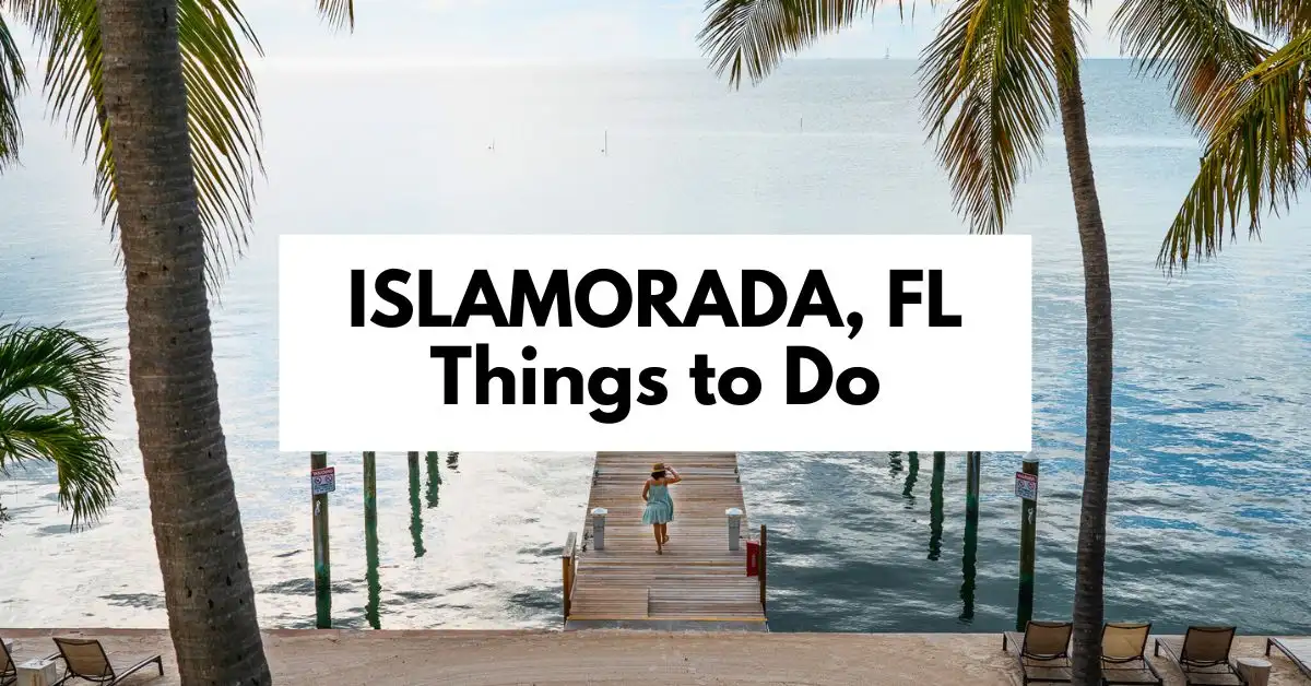 featured image: A tranquil scene in Islamorada, FL, highlighting things to do, with a woman walking down a wooden pier framed by palm trees and overlooking the calm, clear waters of the Florida Keys.