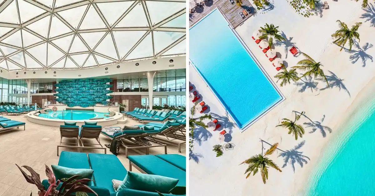 featured blog image showing a cruise ship's indoor pool on the left and a tropical all-inclusive resort beach on the right higlighting CRUISE vs. ALL-INCLUSIVE RESORT