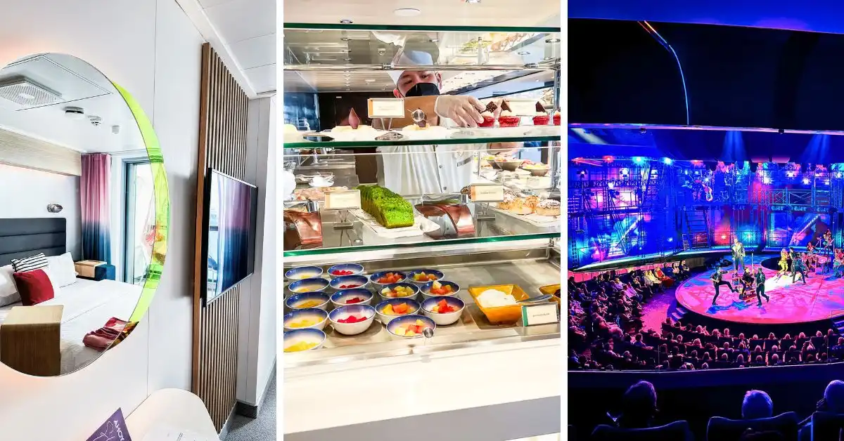 featured blog image of a collage of cruise ship amenities, including a cabin, dessert buffet, live performance to show what is included in a cruise.