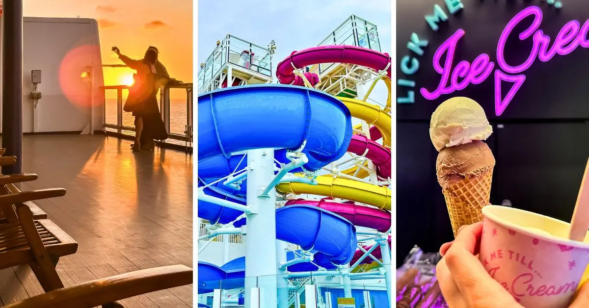 featured blog image of free things to do on a cruise featuring a sunset on deck, colorful waterslides, and ice cream