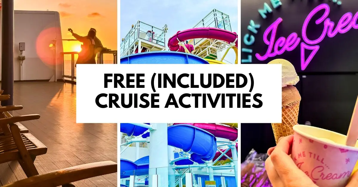 featured blog image of a collage of cruise activities featuring a sunset on deck, colorful waterslides, and ice cream, with the text 'Free Cruise Activities' prominently displayed in the center.