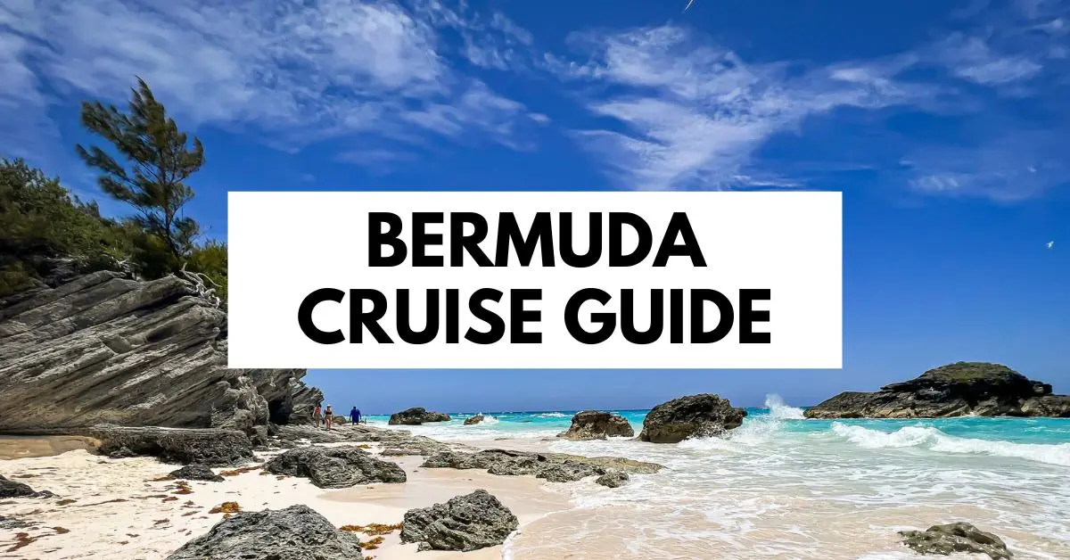 featured blog image of a scenic view of a rocky beach in Bermuda with turquoise water and blue sky. The text 'Bermuda Cruise Guide' is prominently displayed in the center.