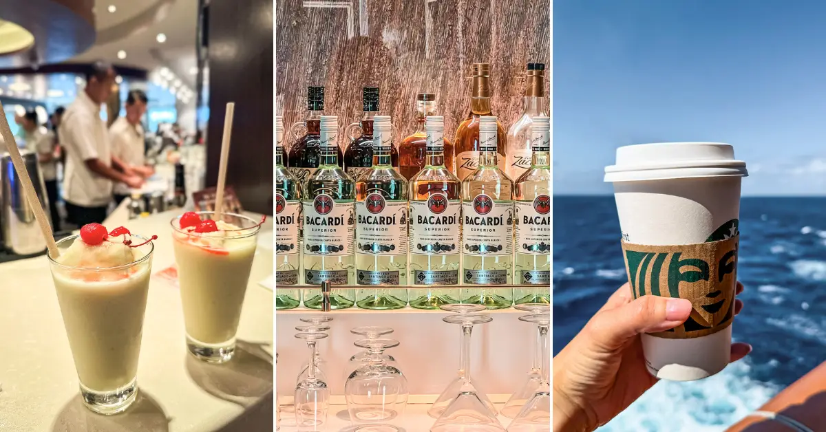 A collage showcasing NCL drink packages, including two frozen cocktails with cherries, a bar stocked with Bacardi rum bottles and glassware, and a Starbucks coffee cup held with an ocean view in the background.