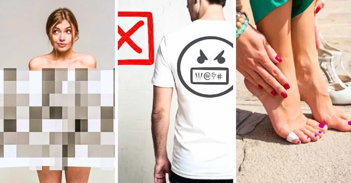 featured blog image of a collage of three images: a pixelated woman appearing to be naked, a man wearing a t-shirt with an angry face and symbols, and a close-up of feet in flip-flops. The images represent what not to wear on a cruise dos and don'ts.