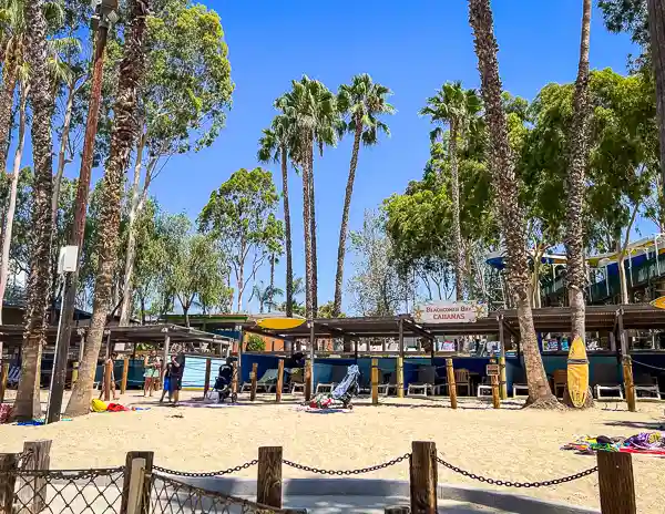 Beachcomber Bay Cabanas at Raging Waters featuring sandy areas lined with tall palm trees and relaxing cabanas in the background