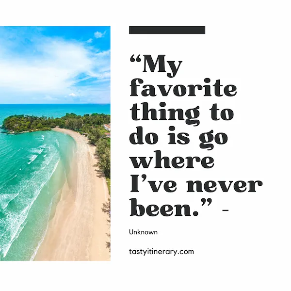 graphic | My favorite thing to do is go where I've never been" – travel quote inspiring adventure, vacation dreams, and exploration