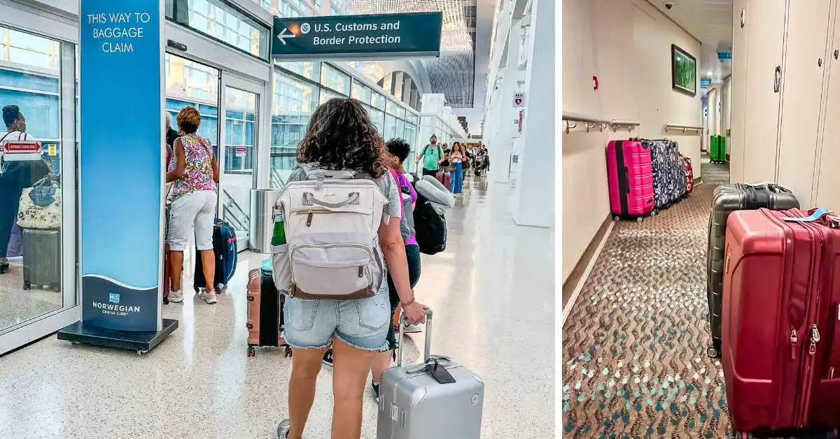 Featured image shows passengers with luggage inside a cruise terminal. On the left, a woman is seen from behind walking toward baggage claim and U.S. Customs and Border Protection. On the right, there is a hallway on the cruise ship with suitcases lined up, ready for disembarkation day.