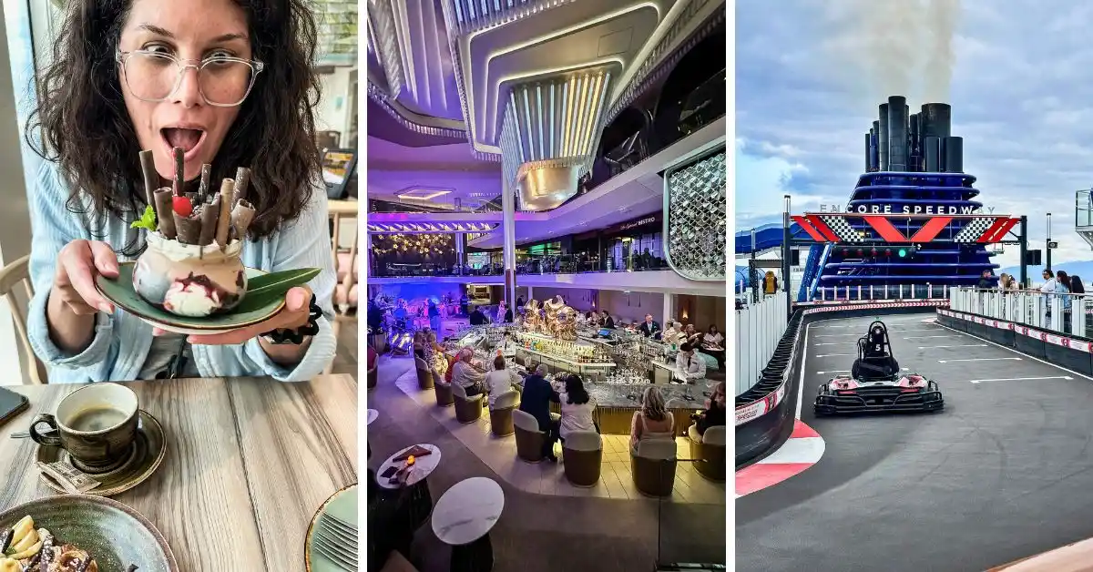 featured blog image of a collage of cruise activities with the question "Are Cruises Fun?" featuring a woman excitedly holding a decorative dessert, a vibrant cruise ship lounge with people at the bar, and a go-kart showing are cruises fun.