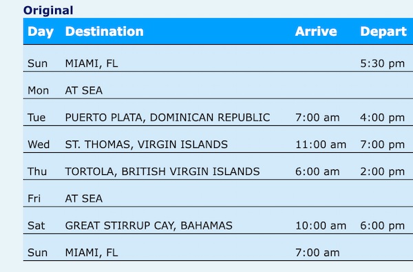 A cruise itinerary listing destinations including Miami, Puerto Plata, St. Thomas, Tortola, and Great Stirrup Cay, with specific arrival and departure times.