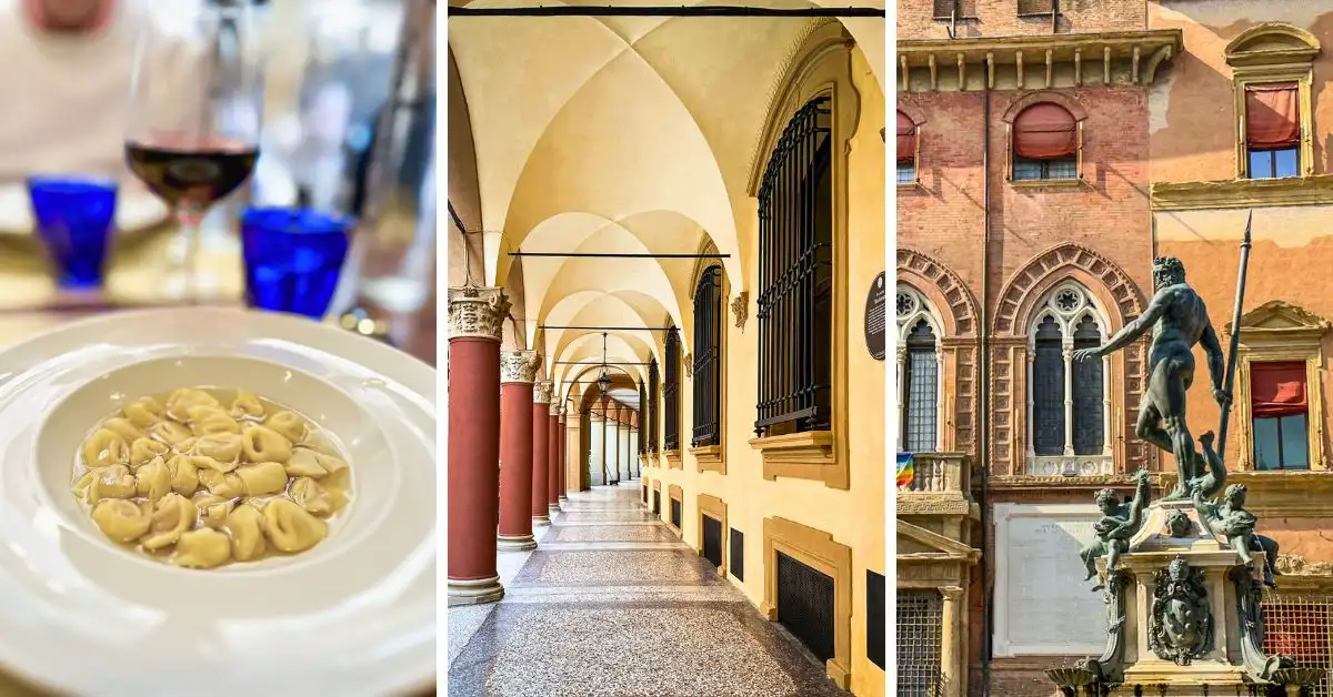 featured image: A collage showcasing Bologna, Italy: a close-up of tortellini in broth served with wine, the city’s iconic arched porticoes, and Neptune’s Fountain in Piazza Maggiore, highlights of bologna in a day.