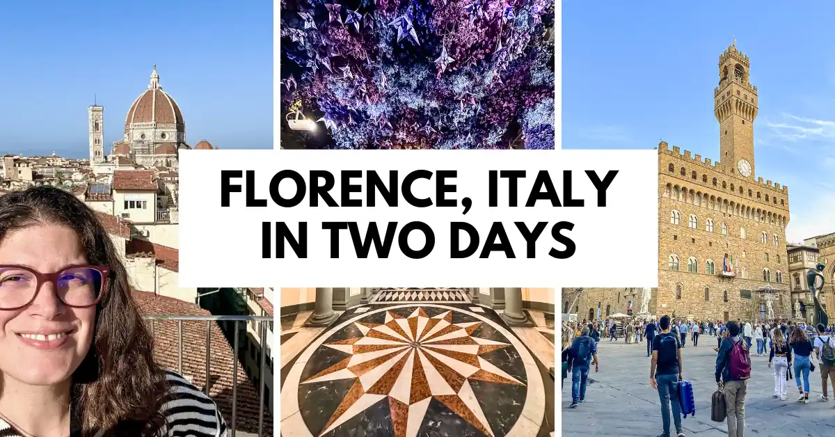 featured blog image | collage featuring highlights from Florence, Italy, with text in the center that reads "Florence, Italy in Two Days." The images include the Duomo, the floral ceiling display at the historic pharmacy Officina Profumo-Farmaceutica di Santa Maria Novella with its intricate geometric tile design, and the Palazzo Vecchio.