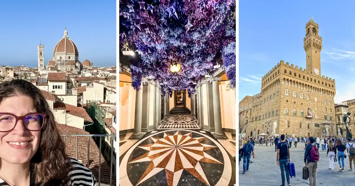 featured image | A collage showcasing highlights of a two-day in Florence, Italy, itinerary including a view of the Duomo, the floral ceiling and geometric tile design at the historic Officina Profumo-Farmaceutica di Santa Maria Novella, and the lively Piazza della Signoria with the Palazzo Vecchio.