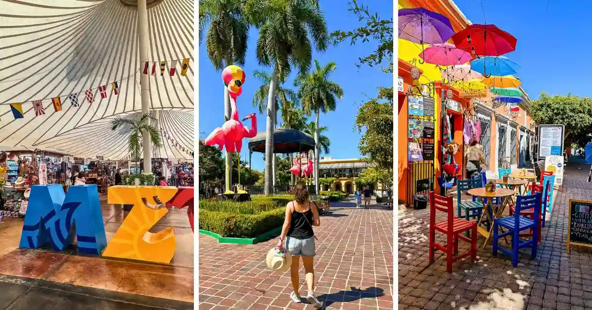 Featured image collage for Mazatlán Cruise Port Guide, showing the 'MZT' sign, pink flamingo statues in a plaza, and a colorful cafe in the city center.