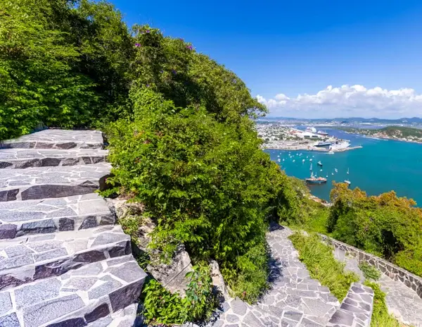 Stone steps surrounded by greenery leading up to El Faro hike in Mazatlán, with a view of the harbor and city below.