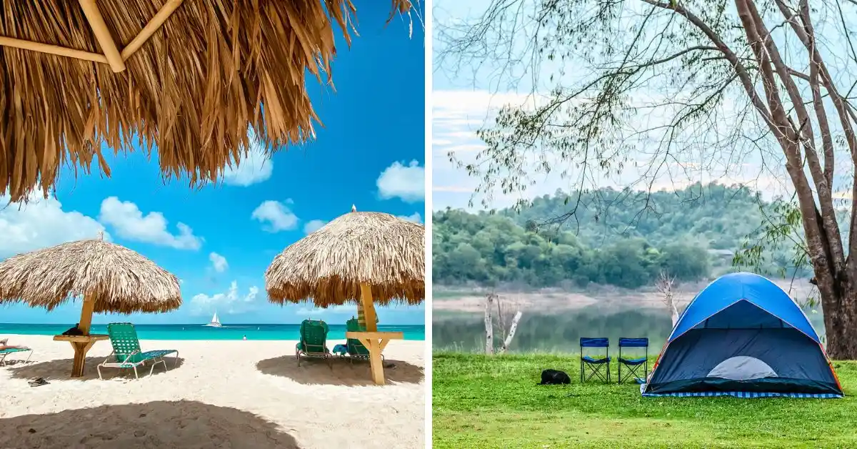 featured blog image featuring two vacation scenes. On the left, a vibrant beach setting with a clear blue sky, thatched umbrellas, and a sailboat in the distance. On the right, a peaceful camping scene with a blue tent set up near a lake surrounded by lush greenery and trees.