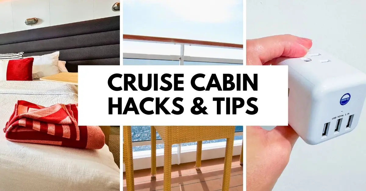 image is a collage highlighting essential cruise cabin hacks and tips. It includes a photo of a bed with a red throw blanket, a balcony view, and a hand holding a multi-port USB charger, emphasizing comfort, optimal cabin selection, and efficient charging solutions. The title "CRUISE CABIN HACKS & TIPS" overlays the images, summarizing the theme