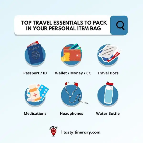 
The image is a graphic titled "Top Travel Essentials to Pack in Your Personal Item Bag." It displays icons representing six essential items for travel: Passport/ID, Wallet/Money/Credit Cards, Travel Documents, Medications, Headphones, and a Water Bottle. Each item is visually represented by a simple, colorful icon to easily identify these key travel essentials. 