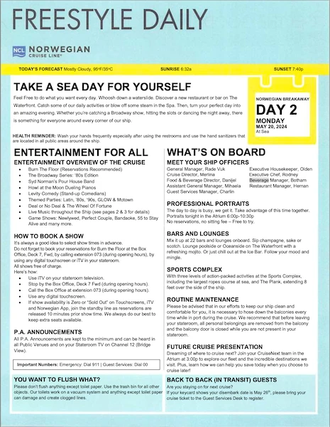example page of a freestyle daily from norwegian cruise line