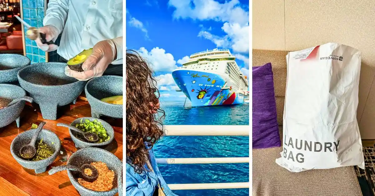 featured image without text of a collage showcasing various aspects of NCL cruise tips that includes vibrant visuals such as a chef preparing food, a view of the ship's exterior against a clear sky, a passenger enjoying the ocean view, and a laundry bag in a cabin. This diverse representation offers a glimpse into the culinary experiences, ship amenities, scenic enjoyment, and practical services available on a Norwegian cruise.
