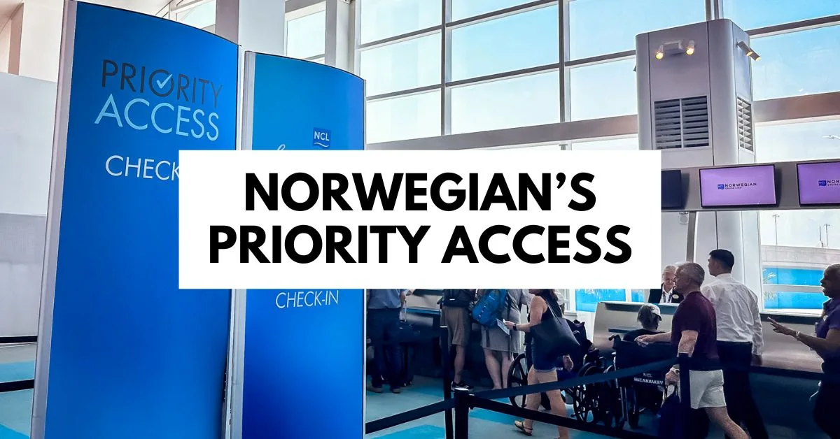 Featured blog image displays the "Norwegian's Priority Access" check-in area at a cruise terminal. Staff are assisting travelers, including one in a wheelchair, in a brightly lit space with large windows at the Miami Cruise Port Terminal.
