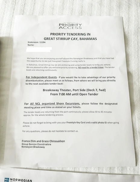 Letter detailing priority tendering instructions for Great Stirrup Cay, Bahamas on the Norwegian Breakaway cruise, specifying meeting location, time, and requirements for shore excursions.