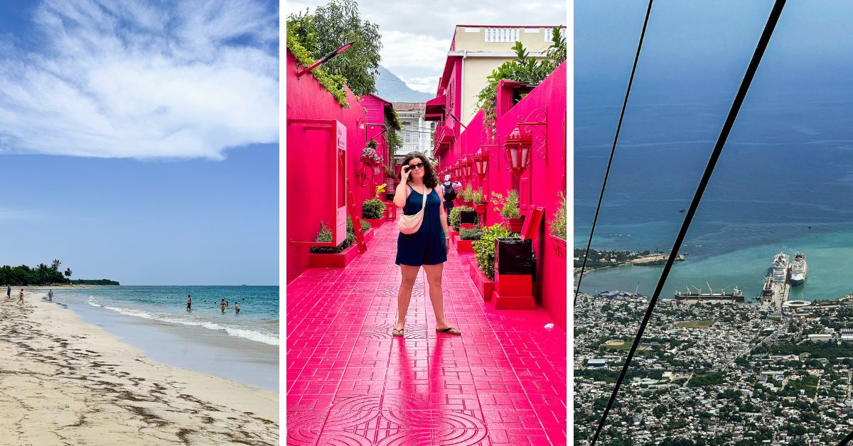 featured blog images of a collage featuring a beach, a woman on Pink Street, and an aerial view of cruise ships leading to what a day in puerto plata on a cruise could look like
