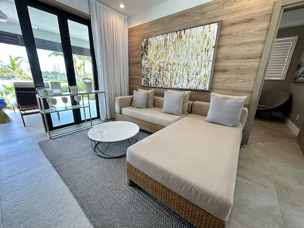 Interior living area of a Lagoon Villa at Silver Cove with modern furniture.