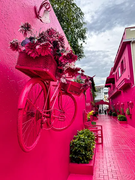 Pink Street in Puerto Plata with a pink-painted bicycle and flower baskets on the wall.