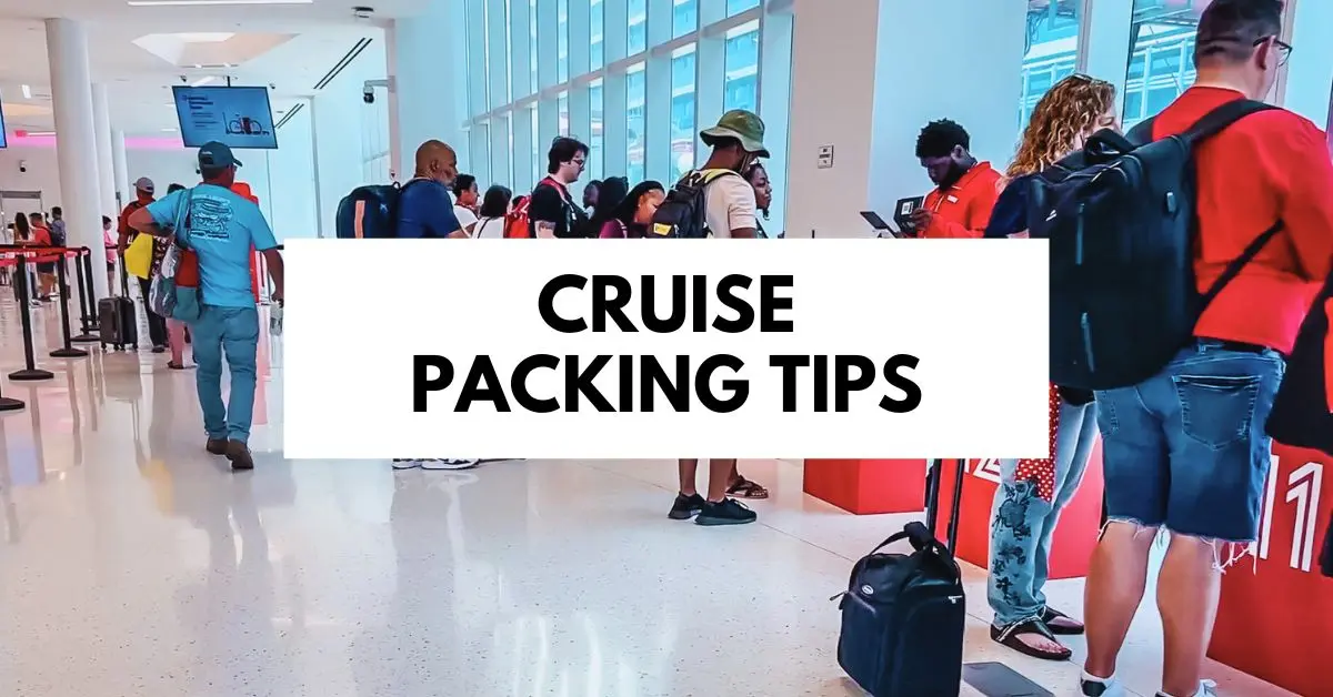 featured blog image of cruise passengers checking in with carry-on bags, featured with the text 'Cruise Packing Tips