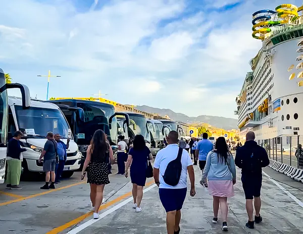 A group of cruise passengers walking towards a line of buses parked at a cruise terminal, with a large cruise ship docked in the background. The setting is in the Messina, Italy cruise port with mountains visible in the distance.