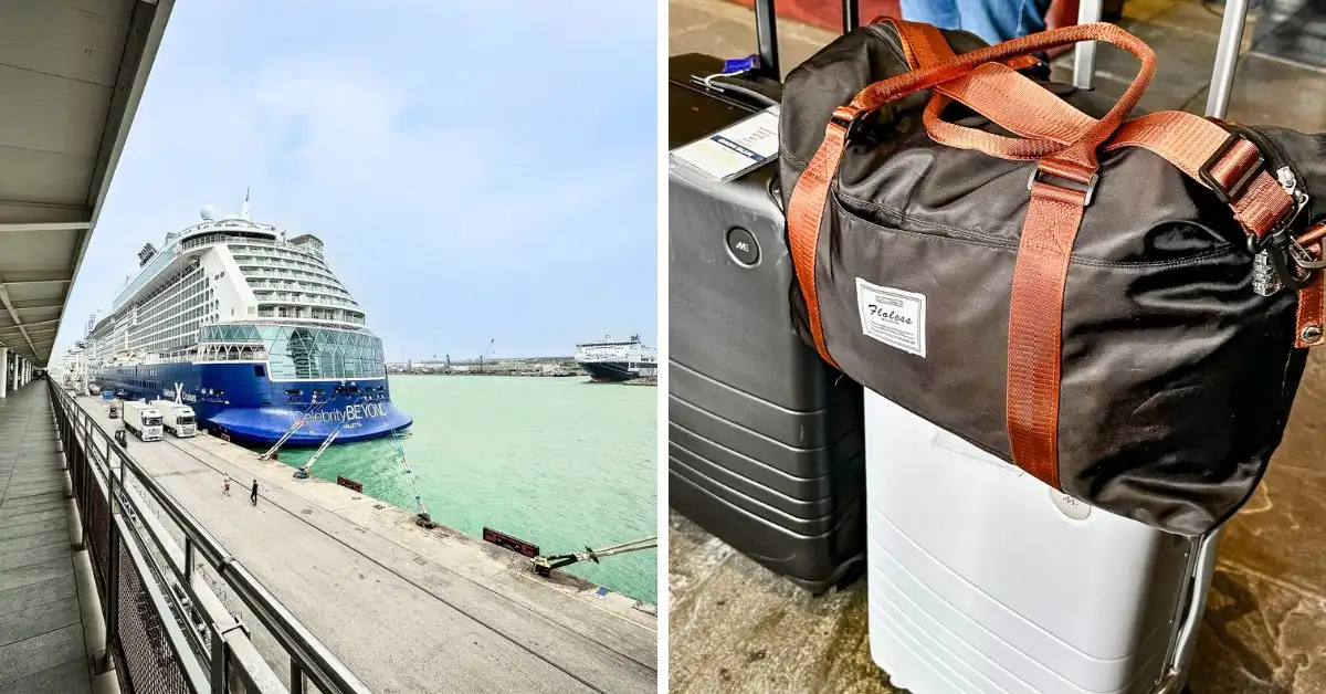 Celebrity cruise ship docked at port alongside a carry-on suitcase and a duffel bag, illustrating essential items to pack in a cruise carry-on bag.