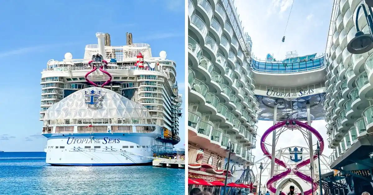 featured image: Royal Caribbean Utopia of the Seas cruise review featuring the ship’s impressive aft view with the Ultimate Abyss slide and a glimpse of the interior balcony area, showcasing the ship’s grand scale and design.