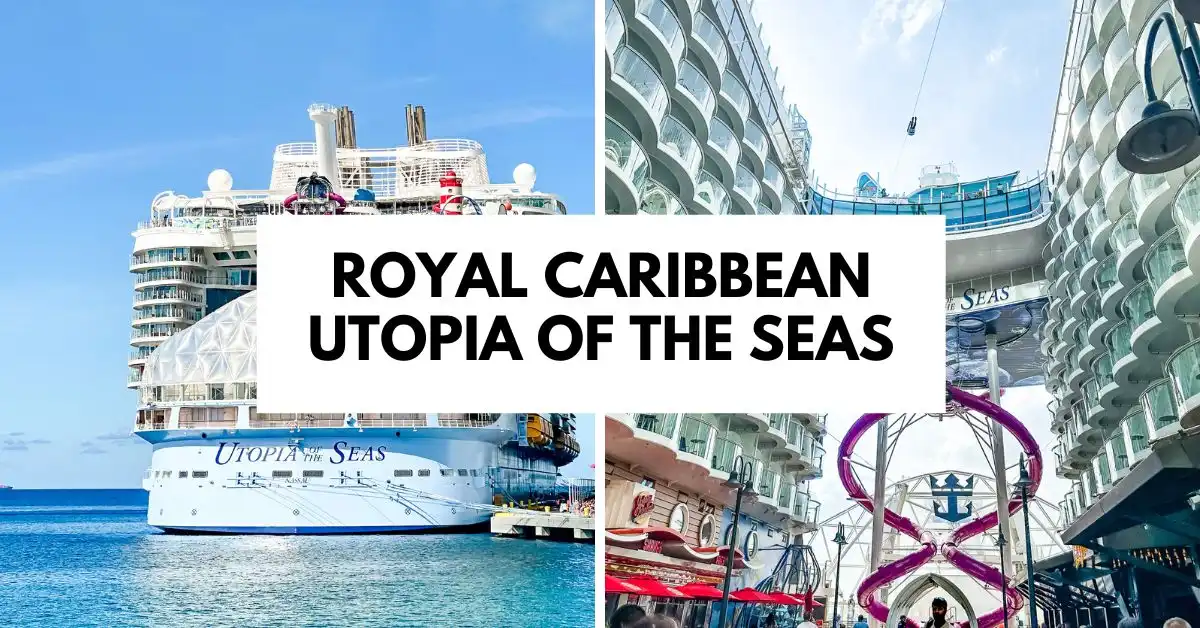 featured image: Collage featuring Royal Caribbean's Utopia of the Seas with a view of the ship’s aft and an interior shot of the balconies and Ultimate Abyss slide, highlighting the ship’s size and attractions.