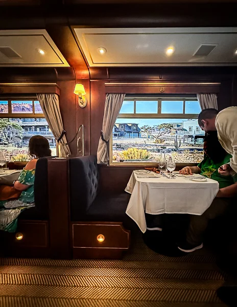 Waiter taking an order from a passenger inside Utopia Railway on Utopia of the Seas, with immersive scenic views displayed through the windows, simulating a moving train ride.